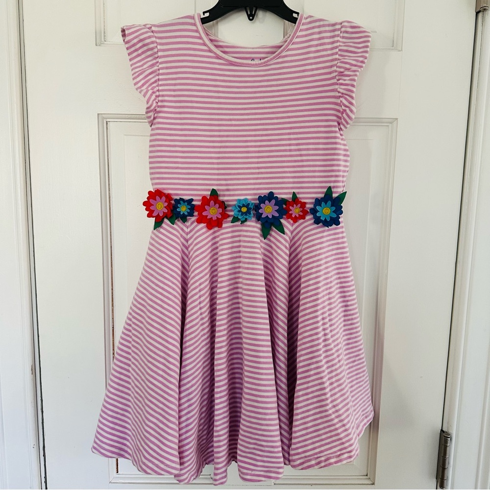Mini Boden Purple and White Stripe Dress with Colorful Flower Belt